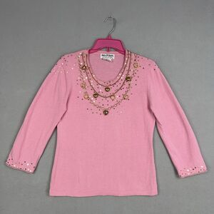 Jack B Quick Sweater Womens Medium Pink Gold Heart Charm Sequin Valentine Girly